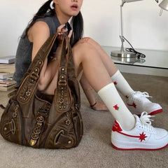 Y2k Vintage Womens Shoulder Bag Large Capacity Casual Pu Leather Tote Bag