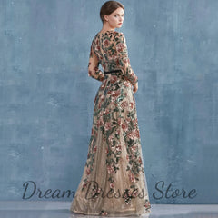 Evening Dresses: Sleeve Evening Dress Sequins Flowers Applique A-Line with Belt