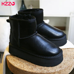 Women Ankle Platform Snow Boots Waterproof Genuine Leather