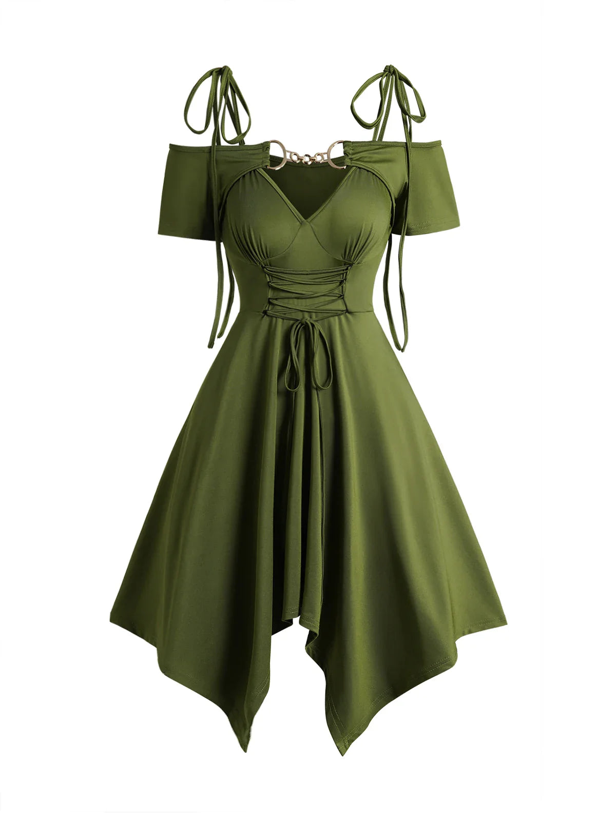 Dressfo Women's Dress Cold Shoulder Lace Up Asymmetric Dress Tie Knot Shoulder Chain Solid Color Short Sleeve Dress
