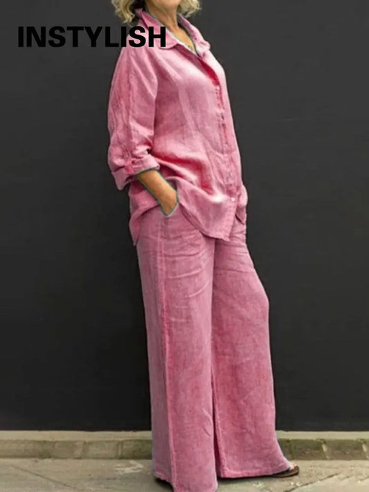 Linen Lapel Two Pieces Set Autumn Vintage Solid Color Long Sleeve Button Shirt