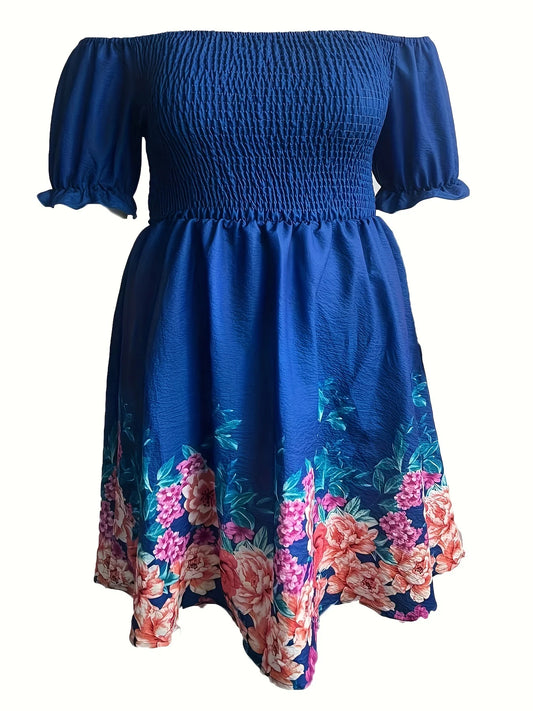 Plus size women's one neckline off the shoulder printed dress, women's loose