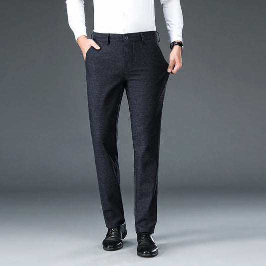 Men's Suit Trousers Cotton Loose Straight Pants for Male High Waist Elastic Black