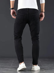 Men Jeans Stretch Skinny Denim Pants Solid Color Black Blue