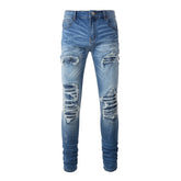 Men Biker Jeans Classic Blue Pleated Patch Patchwork Ripped Pants Streetwear