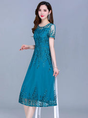 Evening Dresses: Blue Casual Chiffon Mesh Korean Long Dress Women