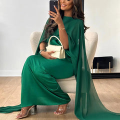 Evening Dresses: Women Big Hem Long Dress Casual O Neck Solid Color Chiffon