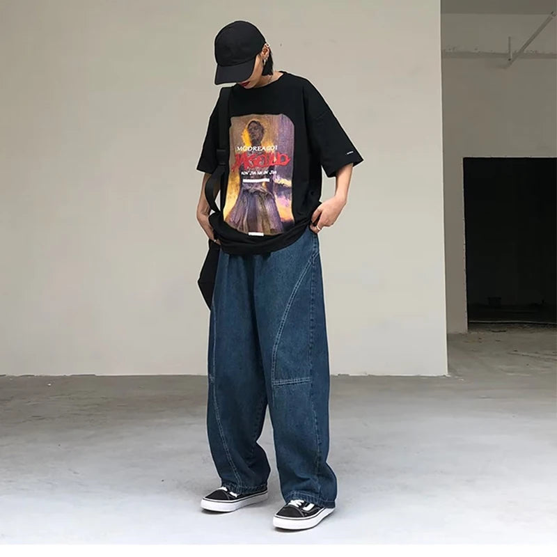 Japanese Oversized Jeans Men's Fashion Baggy Solid Color Casual Stitching Trousers