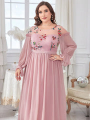 Mgiacy plus size Round neck Color embroidered half-through chiffon chiffon long sleeve