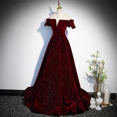Evening wear Dresses: One-shoulder Wine Red Velvet Evening Dress