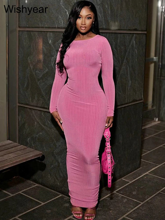 Formal attire Dresses: Elegant Solid Knitting Ribbed Evening Dresses For Women Clothes