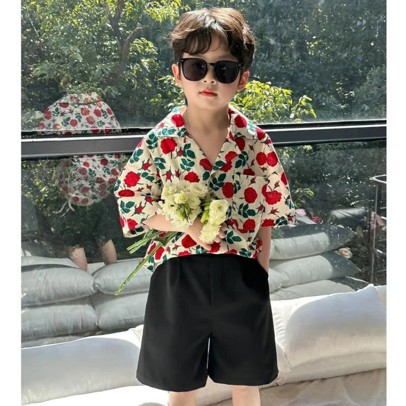 2-11T Kids Boys Clothes Floral Pattern Boy Cotton Blouse Shirt + Short 2pcs Outfits Boy Summer Party Birthday Handsome Clothing