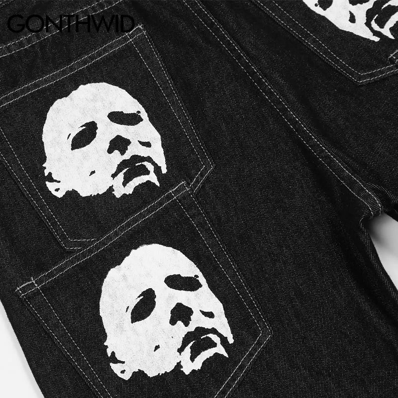 Hip Hop Gothic Denim Pants Streetwear Mens Graphic Print Baggy Punk Rock Jeans