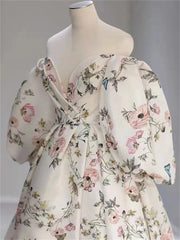 Homecoming Dresses: Long Sweep Train Flower Print Prom Gown