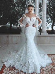 Wedding Dress Mermaid Illusion Bodice vestido de noiva Long Sleeve Sheer