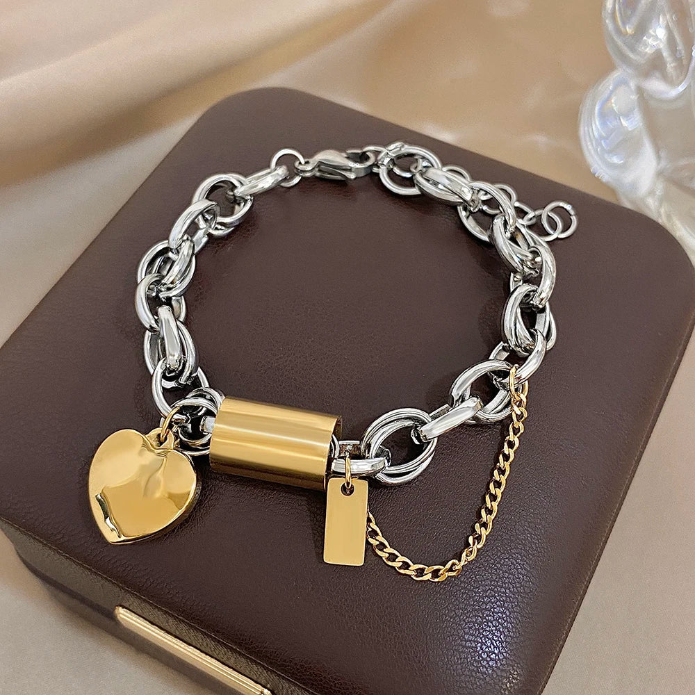 Punk Chunky Gold Color Thick Chain Stainless Steel Bracelets for Women Fashion Design Heart Love Pendant Wrist Jewelry Gift