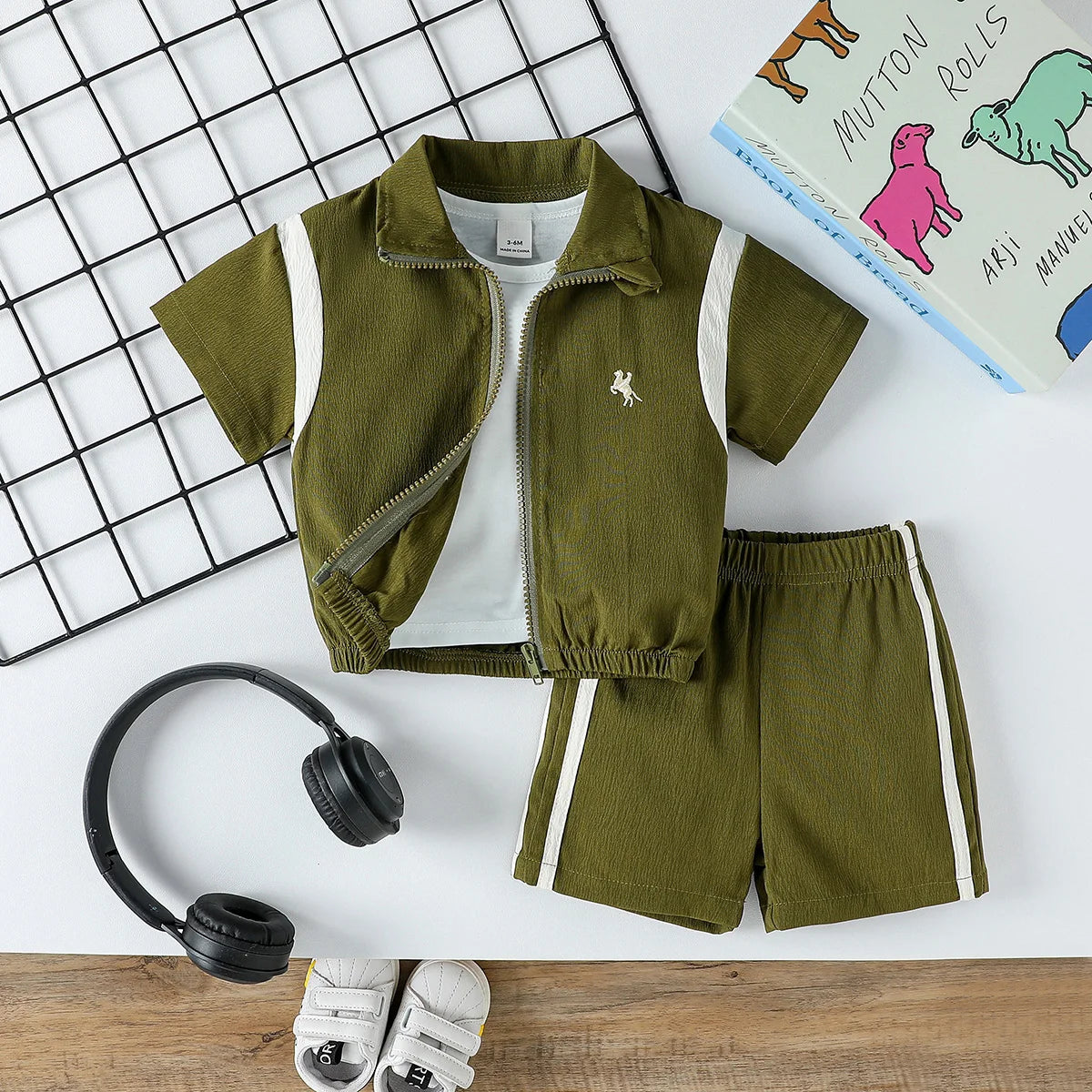 2Pcs Baby Boys Short Sleeve With Zipper Top & Pants Set Summer Outdoor Sports Clothes For 1-3Y Casual