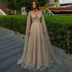 Homecoming Dresses: Cape Sleeves Evening Dresses Gowns A-Line Beaded For Women