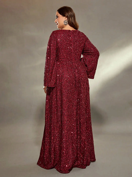 Mgiacy plus size Round neck flared sleeves bust pleated sequins A full skirt