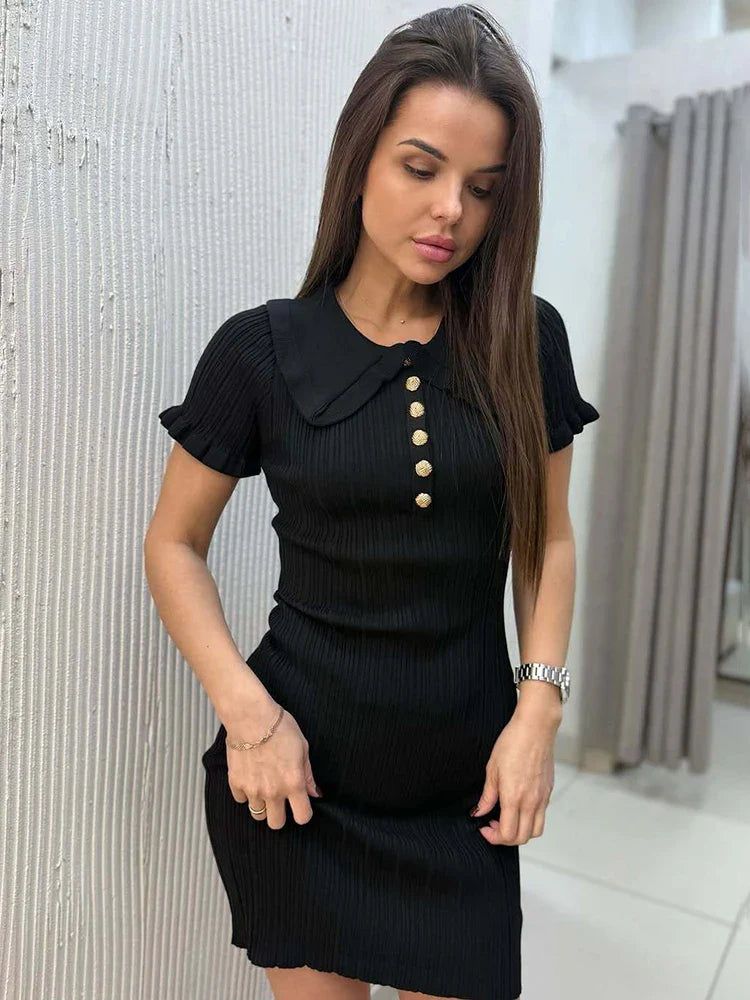 Tornova Ruffled Knitted Mini Dresses For Women High Waist Summer 2025 New Short Sleeve Dress Bodycon Female Retro Elegant Dress