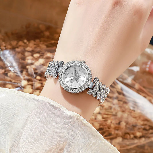 5PCS Fashion Rhinestone Butterfly Dial Women Quartz Watch Elegant Ladies Bracelet Wristwatch Jewelry Set Reloj Mujer(Without Box