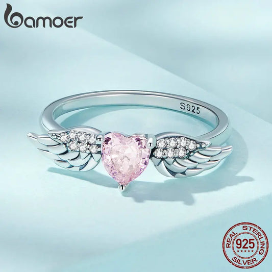 BAMOER 925 Sterling Silver Angel Wing Ring for Women Retro Feather Pink Heart Zircon Eternity Band Ring Anniversary Jewelry Gift