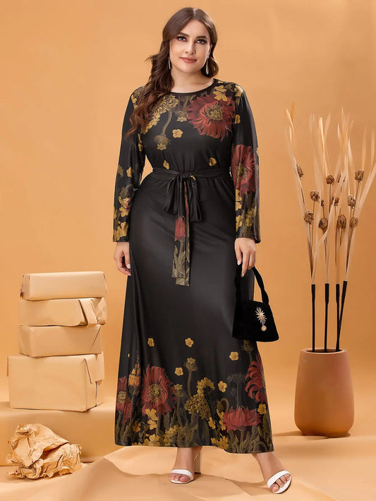 Autumn Winter Dress Long Sleeve 2023 Woman Floral Print Casual Long Dress Black