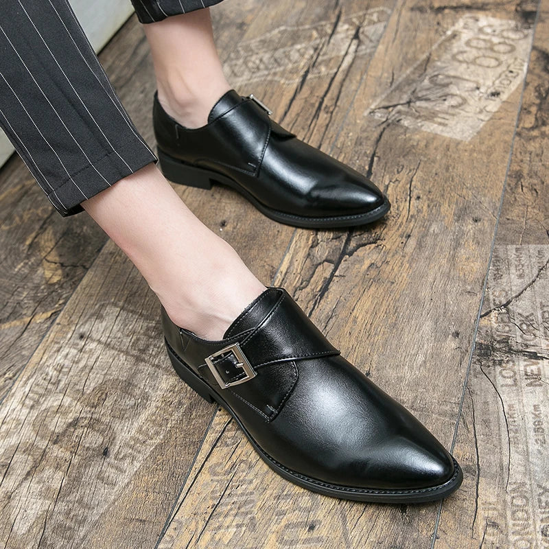 Fashion Men's Monk Leather Shoes Buckle Pointed Dress Shoes Men