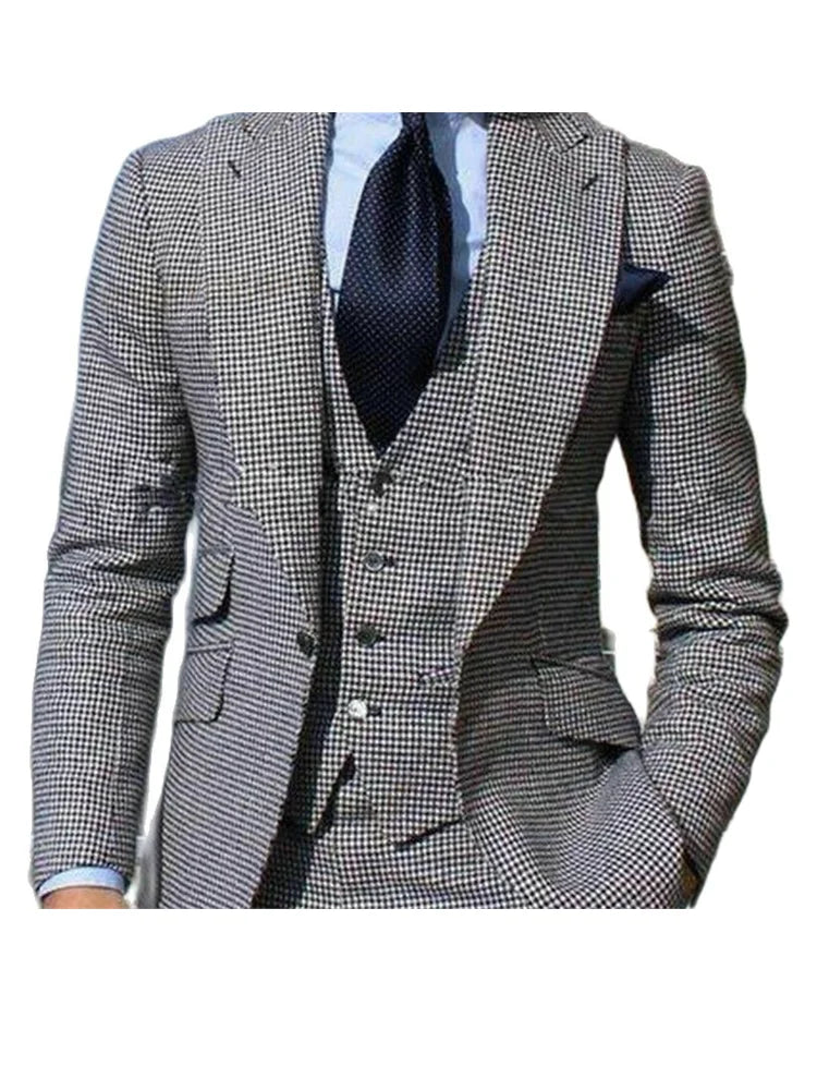 Tuxedo for Mens: Houndstooth Mens Suit Slim Fit 3 Pieces Peaked Lapel Blazer