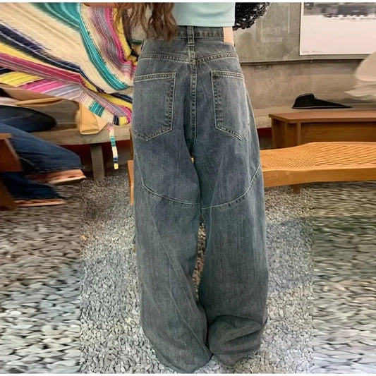 Women Big Pocket Oversize Loose Female Denim Pants 2023 Autumn Winter