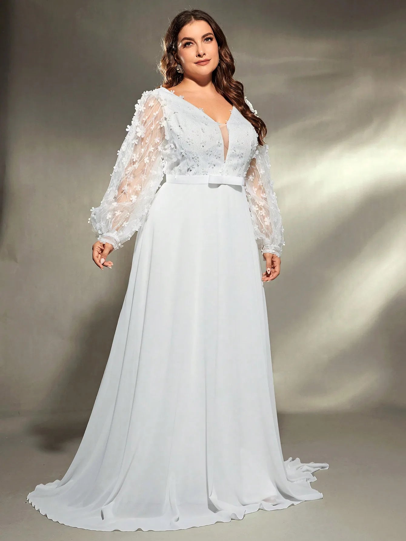 Mgiacy plus size V-neck three-dimensional embroidery chiffon train wedding dress
