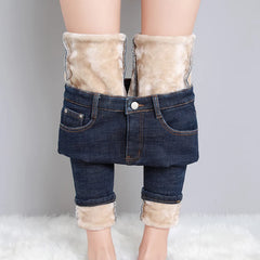Women Thick Velvet High Waist Skinny Jeans Winter Warm Plush Stretch Snow Jeans