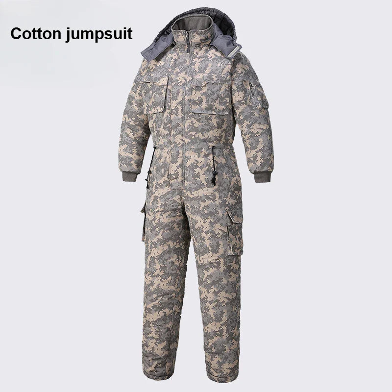 Men Winter Waterproof Thick Cotton Jumpsuit Clothing Outdoor Convenient Sports Camo Jacket Warm Cold Proof Hooded Work Clothes