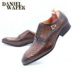 Fashion Men Dress Leather Shoes Snake Skin Prints Classic Style Wine Blue