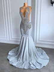 Homecoming Dresses: Women Silver Long Mermaid Prom Dresses Sheer Mesh