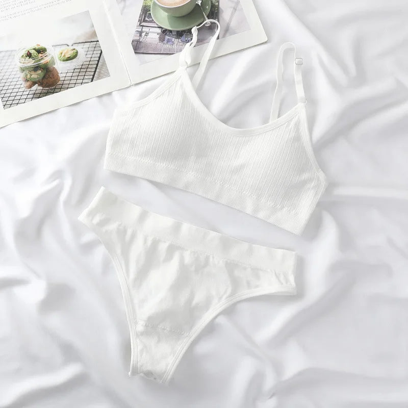 Women Seamless Bra Set Lingerie High Waist Cotton Thong Panties Wire Free
