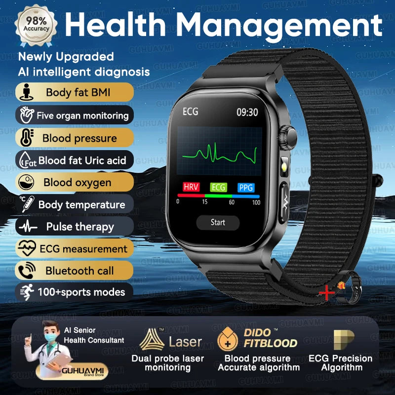 2025 New AI Human Health diagnosis ECG+HRV Smart Watch Blood Pressure Uric acid Blood lipid Bluetooth Call Smartwatch Men Women