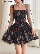 Women Black Flower Print Spliced Mesh Bra Corset style Mini Dress Slim