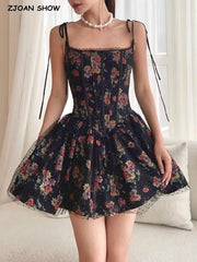 Women Black Flower Print Spliced Mesh Bra Corset style Mini Dress Slim