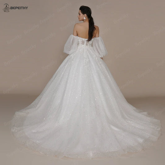 White Bridesmaid Dresses: Ivory Glitter Wedding Dresses For Women Court Train