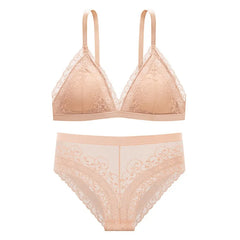 Women Lace Bra Set Deep V Bralette Low Waist Panties Seamless Underwear