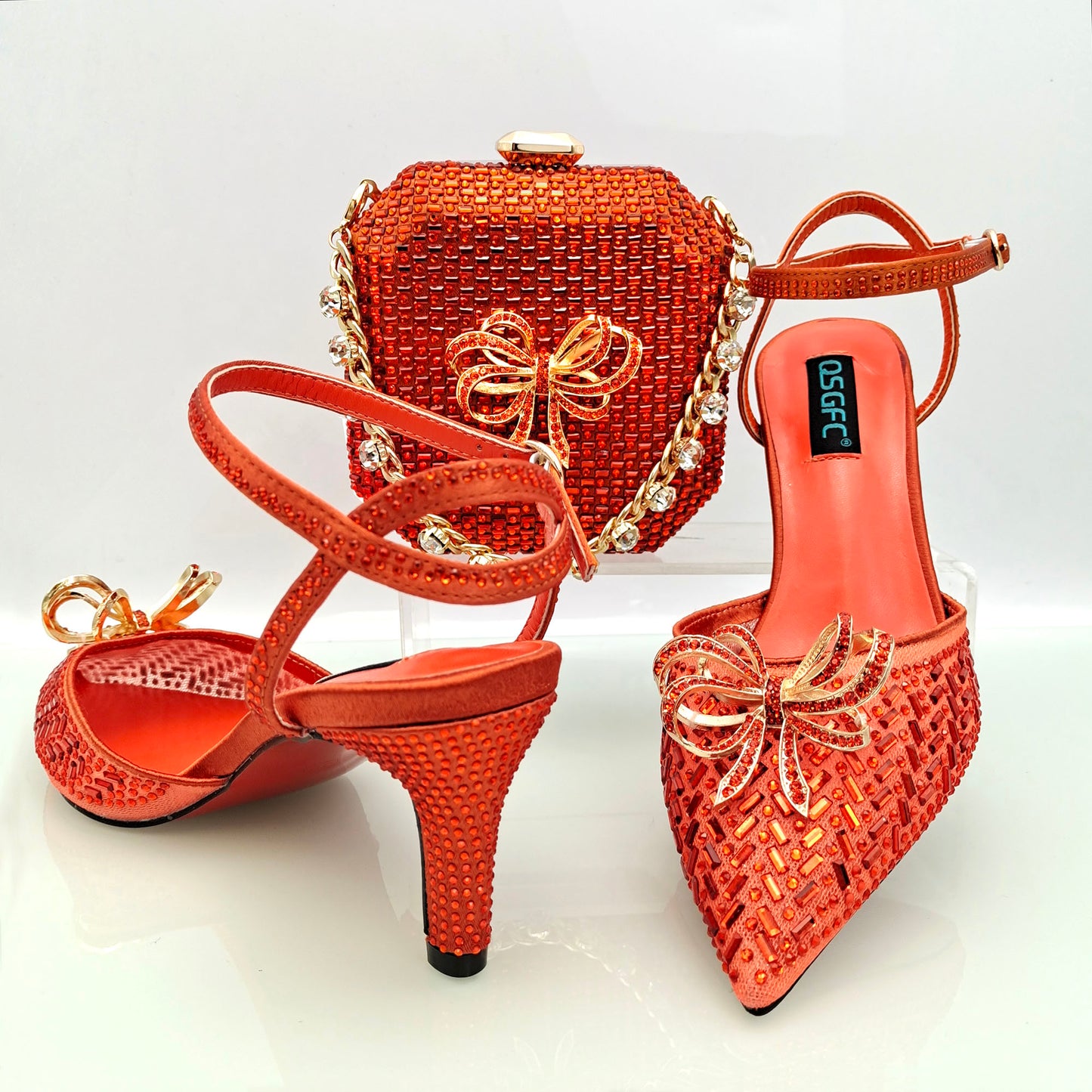 Matching Shoes and Bags: Gold Big Rhinestones Net Shoes And Match Handbag Beautiful