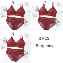 3 Piece Set Bra Lace Beauty Back Suit Underwear Gather Seamless