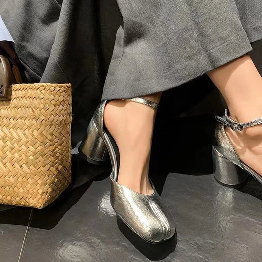 8cm High Heel Tabi Shoes Elegant Patent Leather Women Split Footwear