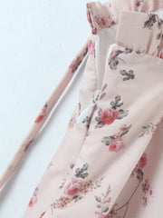 French style Summer Light Pink Flower Print Wood ears Slash Collar Mini Dress