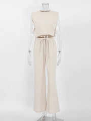 Spring Summer 2023 Women Holiday Linen Pant Set Crop Tops Solid Outfits 2
