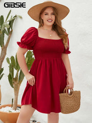 Plus Size Square Neck Shirred Puff Sleeve Dress Women