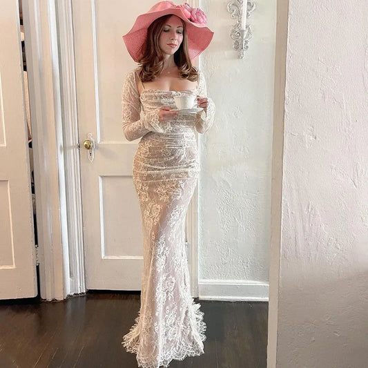 Vintage Elegant Lace Embroidery Sling Maxi Dress Women Fashion Sleeveless Back