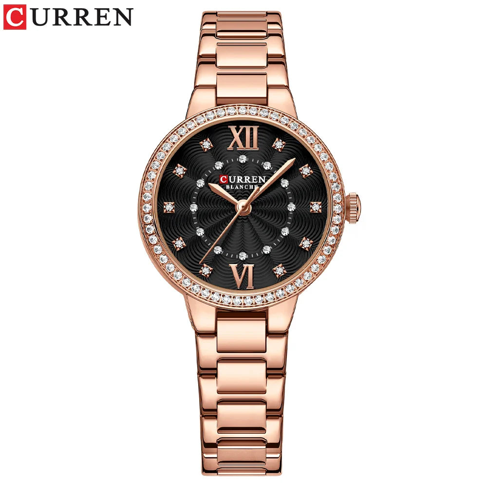 CURREN Quartz Wristwatches for Wommen Luxury Rhinestones Rose Dial Fashion Watches with Stainless Steel Band New