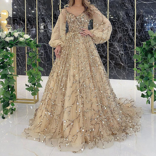 Plus Size Dress Sequins Embroidered Flares Frock Elegant Party Formal